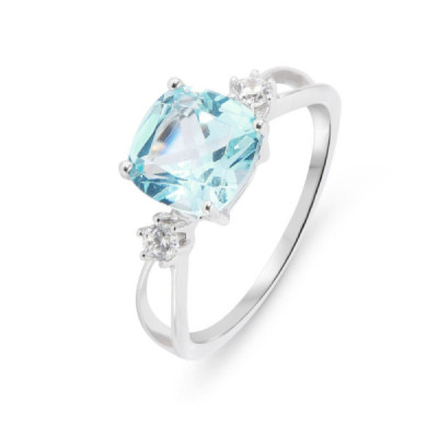 Ring Silver rhodium-plated Topaz Blue treated Cushion and Zirconia