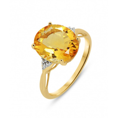 Ring Yellow Gold 375 Citrine Oval 12x10mm and Diamond