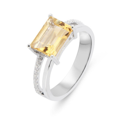 Ring Silver rhodium-plated Citrine rectangulaire and Zirconia
