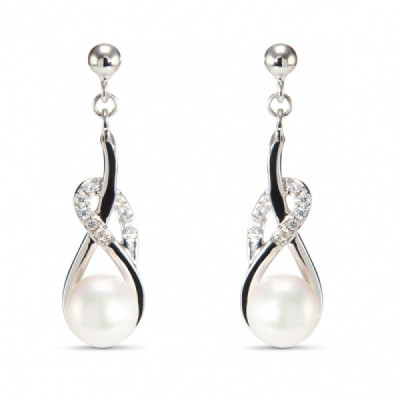 Earrings Drop Silver Cultured Pearl and Zirconia