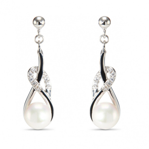 Earrings Drop Silver Cultured Pearl and Zirconia