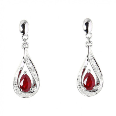 Earrings Drop White Gold 750 Ruby poire 5x3mm and Diamonds