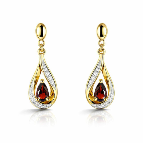 Earrings Drop Yellow Gold 375 Garnet poire 5x3mm and Diamonds
