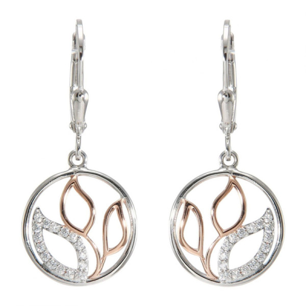 Earrings Drop Silver 925 Rhodium-Plated and Rose motif Flowers and Oxydes