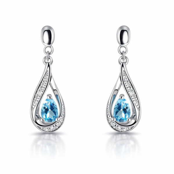 Earrings Drop White Gold 375 Topaz blue treated poire 5x3mm and Diamonds