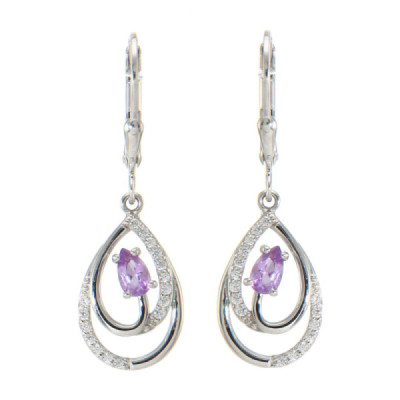 Earrings Drop in Silver 925 Rhodium-Plated Amethyst Pear 5x3mm and Oxydes