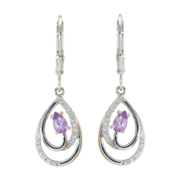 Earrings Drop in Silver 925 Rhodium-Plated Amethyst Pear 5x3mm and Oxydes