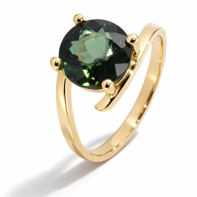 Ring Yellow Gold 750 Tourmaline Green AAA Round 9.5mm