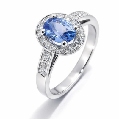 Ring Halo Sapphire Ceylon and Diamond in White Gold 750