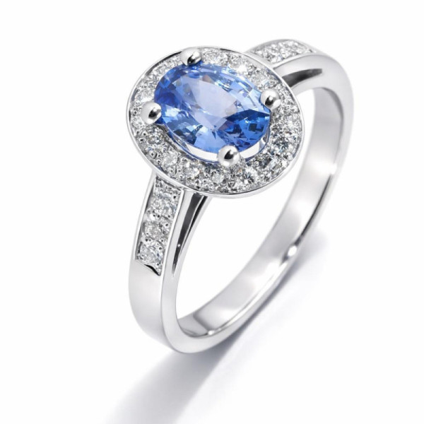 Ring Halo Sapphire Ceylon and Diamond in White Gold 750