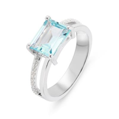 Ring Silver rhodium-plated Topaz Blue treated rectangulaire and Zirconia