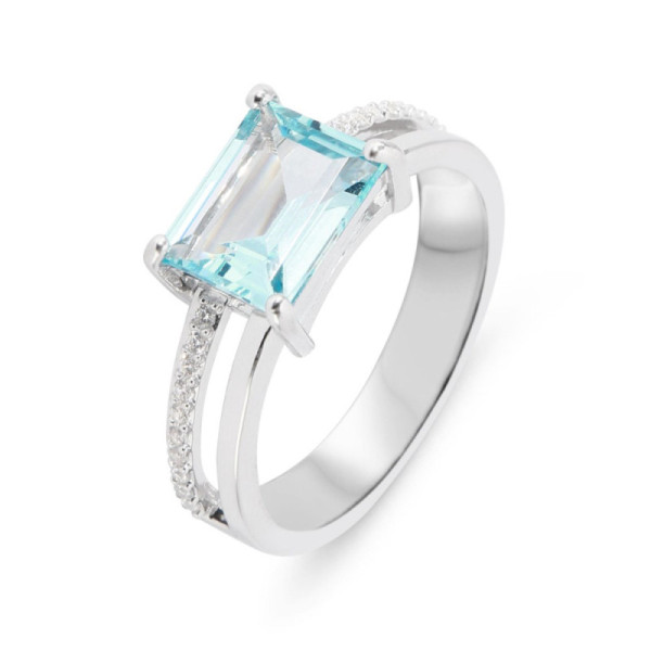 Ring Silver rhodium-plated Topaz Blue treated rectangulaire and Zirconia