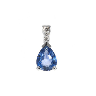 Pendant White Gold 750 Sapphire Ceylon AAA Pear 8x6mm and diamants