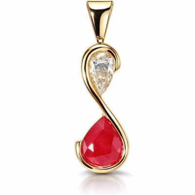 Pendant Yellow Gold 750 Ruby and Diamond Pear