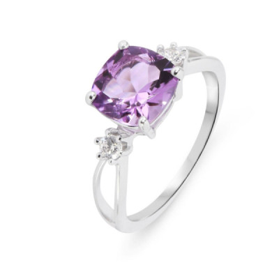 Ring Silver rhodium-plated Amethyst Cushion and Zirconia