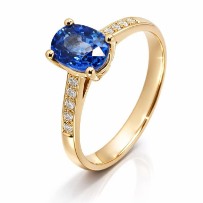 Solitaire Yellow Gold 750 Sapphire Ceylon AAA Oval and Diamond