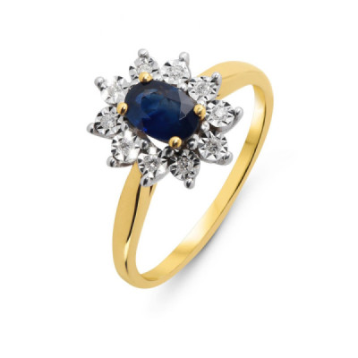 Ring Daisy Yellow Gold 750 Sapphire and Halo Diamonds
