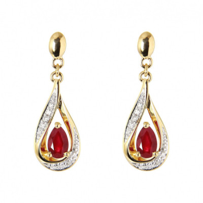 Earrings Drop Yellow Gold 750 Ruby poire 5x3mm and Diamonds