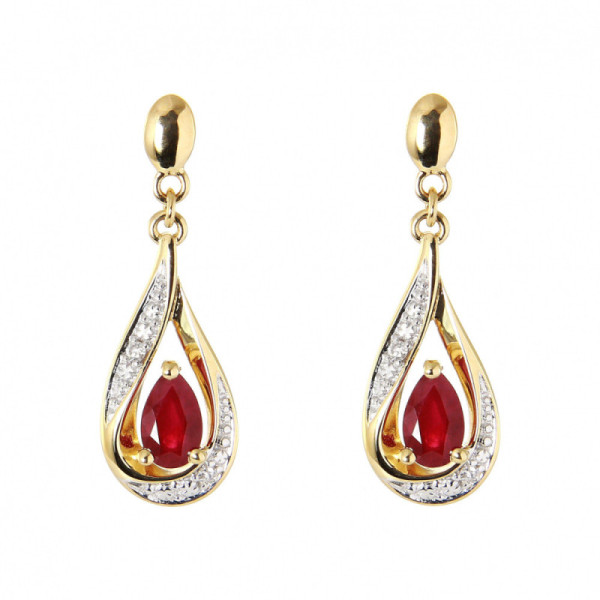 Earrings Drop Yellow Gold 750 Ruby poire 5x3mm and Diamonds