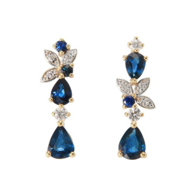 Earrings Drop Asymmetric in Yellow Gold 750 Sapphire and Diamond