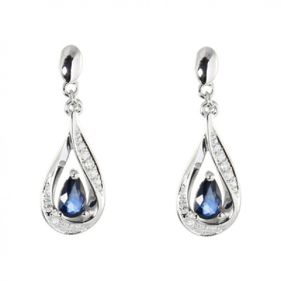 Earrings Drop White Gold 750 Sapphire poire 5x3mm and Diamonds