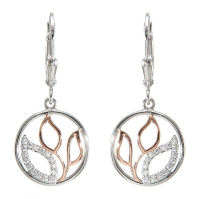 Earrings Drop Silver 925 Rhodium-Plated and Rose motif Flowers and Oxydes