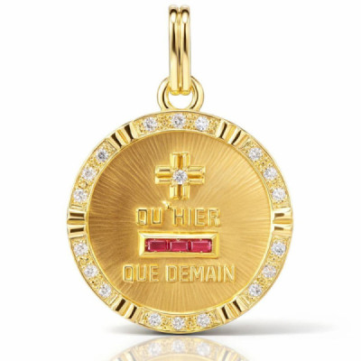 Medaille d Amour in Yellow Gold 750 Diamonds and Ruby Synthetiques.