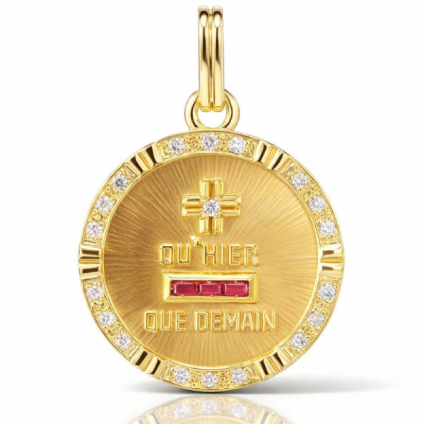 Medaille d Amour in Yellow Gold 750 Diamonds and Ruby Synthetiques.